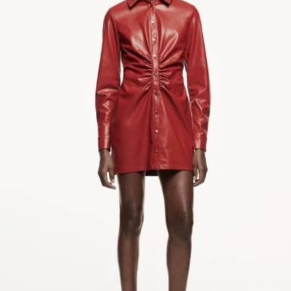 Zara Faux Leather Shirt Dress - Red XS - Picture 5 of 5